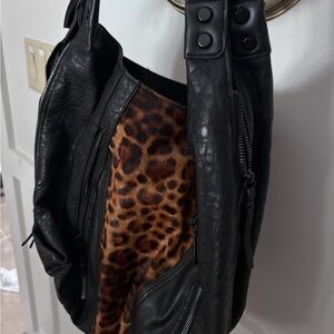 French connection Black Leather Bag with Leopard Print Accent